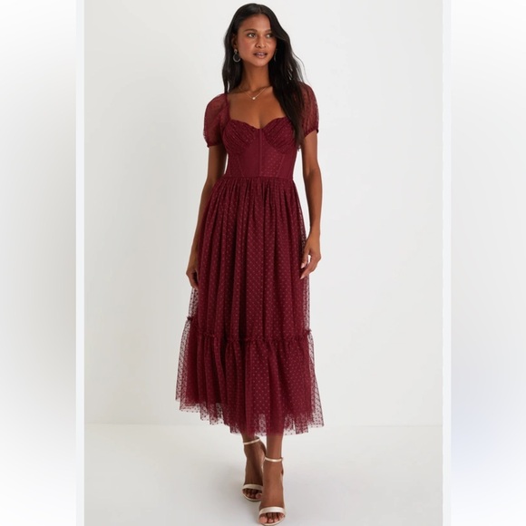Lulus Dresses & Skirts - Lulu's Sweet Amor burgundy Tulle Swiss Dot Tiered Bustier Midi Dress Size Large